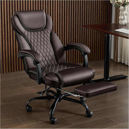amseatec Big and Tall Office Chair with Footrest, Ergonomic Leather High Back Computer Chair Infinite Lock Reclining 90°-135°,20 Spring Packs,300lbs Executive Desk Chair for Home Office（Brown）