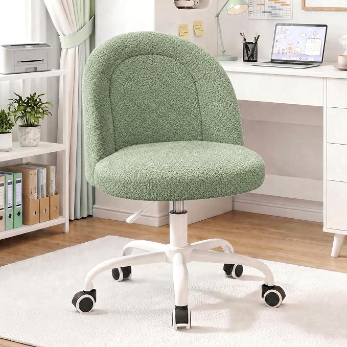 DurayLoly Armless Vanity Chair with Wheels, Ultra-Soft Teddy Fleece, Adjustable Height & 360°Swivel, Rolling Desk Chair for Bedroom, Dorm & Vanity Table, Ideal for Teens & Adults, Sage Green