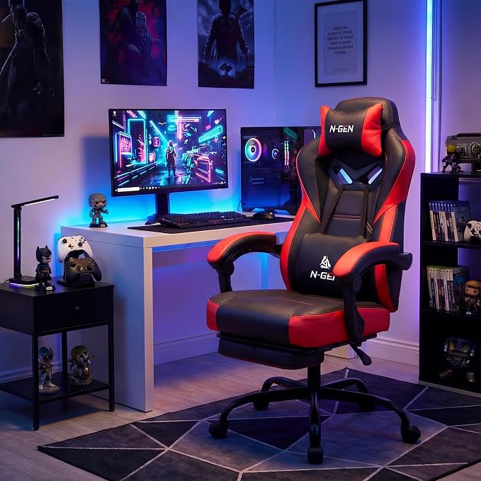 N-GEN GAMING Gaming Chair Big and Tall Computer Heavy Duty Office Desk Chair with Footrest Ergonomic Lumbar Support High Back Recliner for Adults (Red)