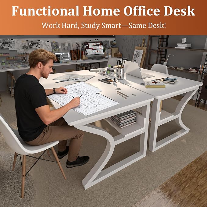 55 inch Computer Desk, Home Office Desk with Storage Shelf, Sturdy U-Shaped Metal Frame Study Table with Cable Management, Gaming Desk for Office & Bedroom (White, 55inch)