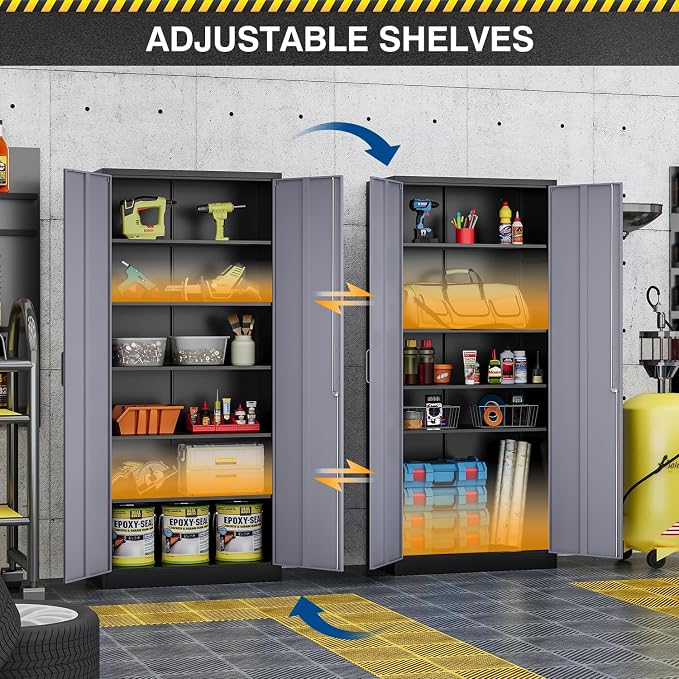 Fesbos Metal Storage Cabinet-72” Tall Steel File Cabinets with Lockable Doors and 5 Adjustable Shelves-Black&Gray Steel Storage Cabinet for Home, School, Office, Garage