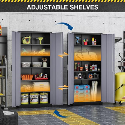 Fesbos Metal Storage Cabinet-72” Tall Steel File Cabinets with Lockable Doors and 5 Adjustable Shelves-Black&Gray Steel Storage Cabinet for Home, School, Office, Garage