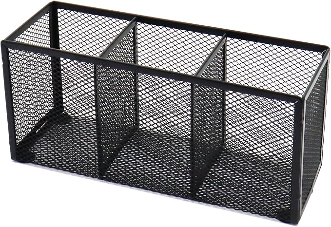 Black Mesh Pen Pencil Holder, Small Metal Desk Organizer Desktop Stationery Office Supplies Acessories Storage Stand, 3 Compartments Brushes Holder for Home School Classroom Teachers