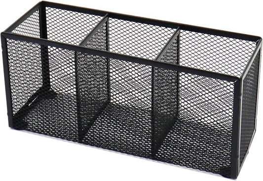 Black Mesh Pen Pencil Holder, Small Metal Desk Organizer Desktop Stationery Office Supplies Acessories Storage Stand, 3 Compartments Brushes Holder for Home School Classroom Teachers
