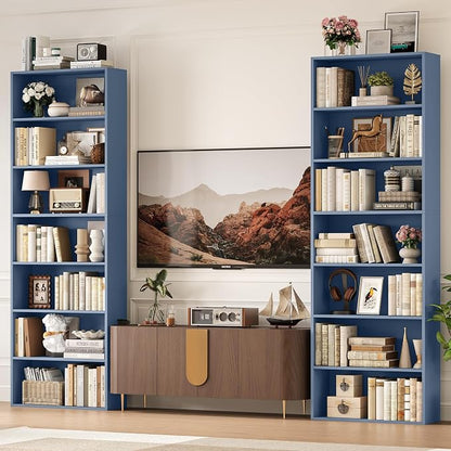 FACBOTALL 82" Tall Bookshelf Set of 2, 7-Tier Double Open Shelves Bookcase,Freestanding Display Storage Shelves, Tall Bookcase Home Decor Furniture for Home Office,Living Room,Bedroom, Blue