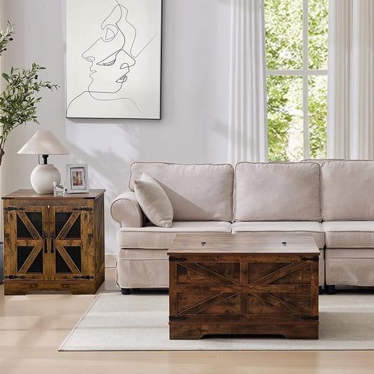 Farmhouse Coffee Table and End Table Sets of 2, 2 Piece Living Room Tables Set with Charging Station, Lift Top Coffees and Large Side, Wood Furniture Sets with Storage, Brown