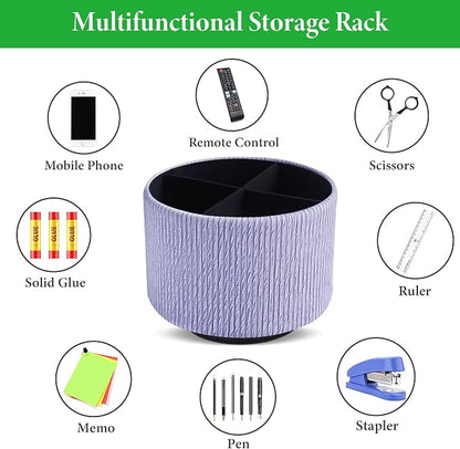 Round Leather Art Supply Organizer,Remote Control Holder,360 Degree Spinning,Multi-Functional Pencil Holder,4 Compartments Desktop Stationary Organizer(1-Wood Blue Purple)