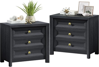Black Night Stand Set of 2, Farmhouse Nightstand with 3 Drawers, 24.8” Tall Nightstand with Gold Knobs, Wood Bedside Table for Bedroom, Modern End Table for Living Room Office