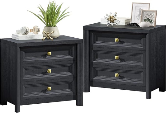 Black Night Stand Set of 2, Farmhouse Nightstand with 3 Drawers, 24.8” Tall Nightstand with Gold Knobs, Wood Bedside Table for Bedroom, Modern End Table for Living Room Office