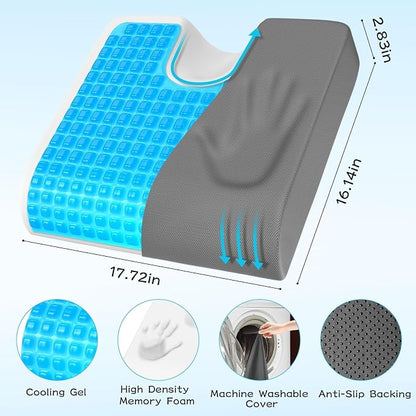 TranquilMoments U-Shaped Gel Memory Foam Seat Cushion, Wheelchair Cushion with Cooling Gel, Ergonomic Coccyx Cushion for Office Chair & Car,Relieve Tailbone Pain, Sciatica, Back Pain, Non-Slip Bottom