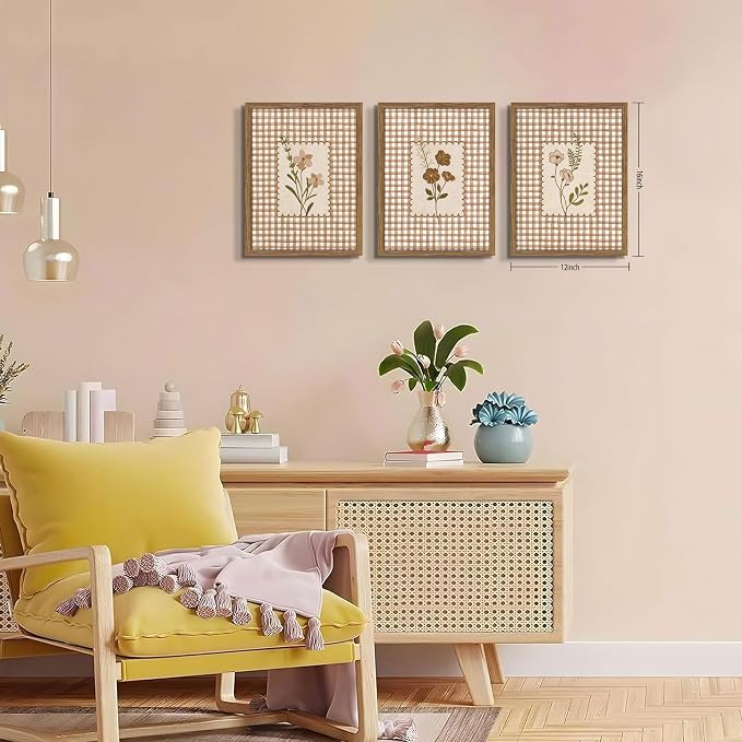 Framed Vintage Floral Wall Art Set of 3, Neutral Wildflower Botanical Canvas Wall Decor Paintings, Cottagecore Gingham Flower Posters Prints Pictures for Living Room Bedroom Bathroom 12x16 Inch