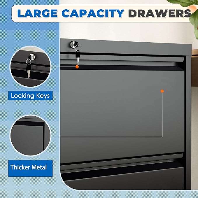 INTERGREAT File Cabinet 2 Drawers,Metal Lateral File Cabinets with Lock for Home Office, Locking Horizontal Filing Cabinet for Hanging Files Letter/Legal/F4/A4, Easy Assemble, Black