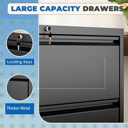 INTERGREAT File Cabinet 2 Drawers,Metal Lateral File Cabinets with Lock for Home Office, Locking Horizontal Filing Cabinet for Hanging Files Letter/Legal/F4/A4, Easy Assemble, Black