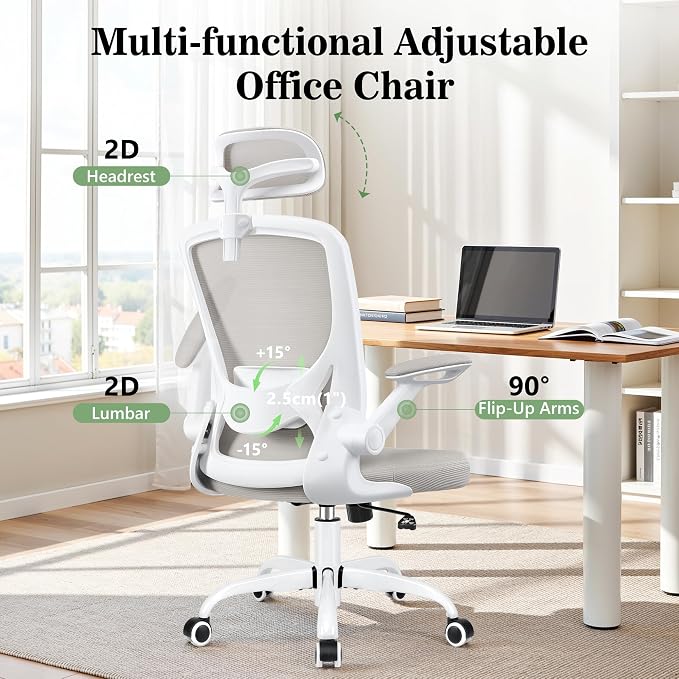 BESTFAIR Office Chair Ergonomic Desk Chair, Breathable Mesh Office Chairs with Adjustable Lumbar Support, Flip-Up Arms, Computer Desk Chair Comfy for Home Office, Light Gray