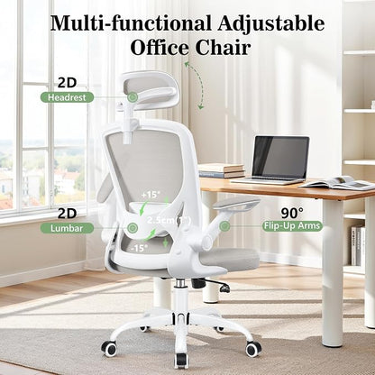 BESTFAIR Office Chair Ergonomic Desk Chair, Breathable Mesh Office Chairs with Adjustable Lumbar Support, Flip-Up Arms, Computer Desk Chair Comfy for Home Office, Light Gray