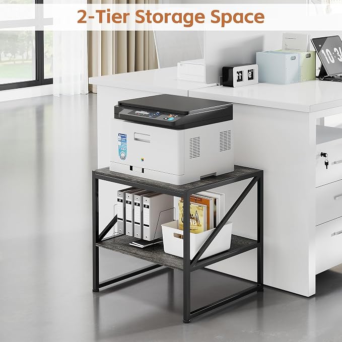 2-Tier Large Priner Stand with Charging Station, 20"×20" Under Desk Printer Table with Power Outlets and USB Ports for Home Office, Mini Fridge Stand, Storage Shelf for Scanner Fax Machine, Grey Oak
