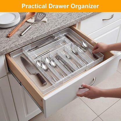 1 Pcs Utensil Drawer Silverware Organizer, Metal Mesh Expandable 13" 24" Kitchen Drawer Organizer, 7-9 Slots Cutlery Tray Dividers for Kitchen Flatware Christmas Housewarming Gift (White)