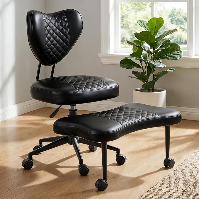 Cross Legged Office Chair with Wheels, 360 Swivel Height-Adjustable Meditation Chair with Lumbar Support, PU Leather, Black