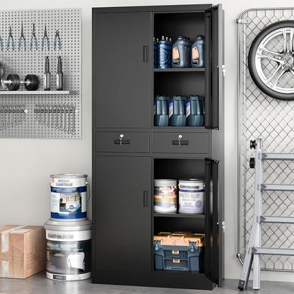Metal Storage Cabinet, 71" H Garage Cabinet with 2 Locking Drawers and 2 Adjustable Shelves, Black Tool Cabinet, Tall Storage Cabinet for Home, Office, Gym, School