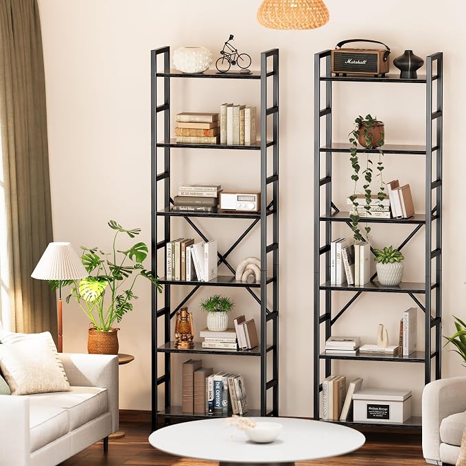 SUPERJARE Triple Bookshelf, Bookcase with 17 Open Display Shelves, Wide Book Shelf Book Case for Home & Office, 6 Tier, Black, ABC003B