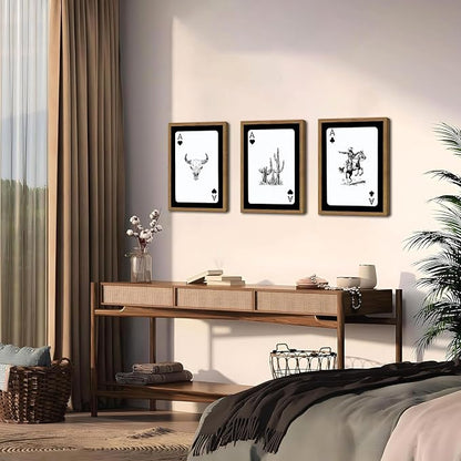 Western Cowboy Wall Art Set Of 3 Cowboy Print Playing Card Inspired Southwestern Canvas Poster Trendy Western Wall Decor Longhorn Bull Skull Room Decor for Bedroom Living Room Framed 12x16 inch