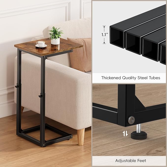 Vagusicc C-Shaped End Table for Couch, 33" Tall C Table Adjustable Height Side Table, Couch Side Tables with Metal Frame Slide Under Sofa, Sofa Table TV Tray for Living Room, Bedroom, Bedside, Brown