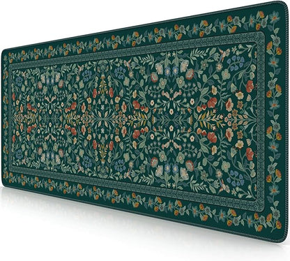 iCasso Aesthetic Floral Desk Mat, L Mouse Pads, Anti-Slip Retro Mousepad with Stitched Edges, Waterproof Computer Pad 11.8"x31.5", Desk Accessories Office Decor for Women(Deep Green)