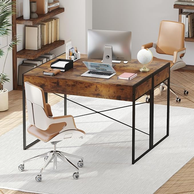 GOFLAME 44 Inch Computer Desk with 2 Drawers, Home Office Desk with Metal Frame, Small Study Writing Workstation with Storage, PC Laptop Table for Living Room, Bedroom, Study, Rustic Brown