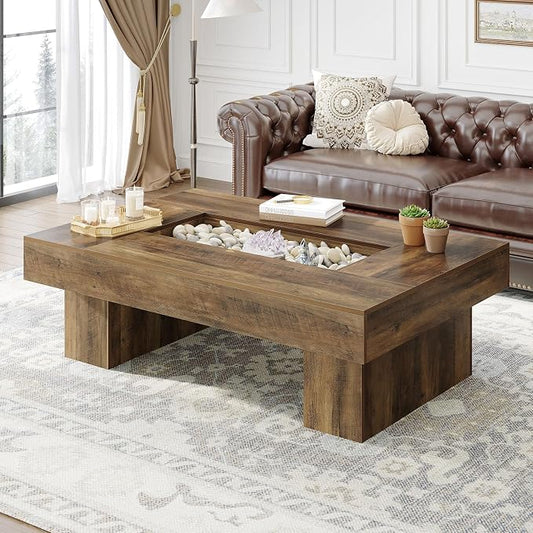 LVB Coffee Table, Modern Wood Led Living Room Table with Storage, Farmhouse Large Rectangle Center Table with LED Light, Unique Wide Low Tea Table for Living Room Home Office, 47.24 in, Rustic Oak