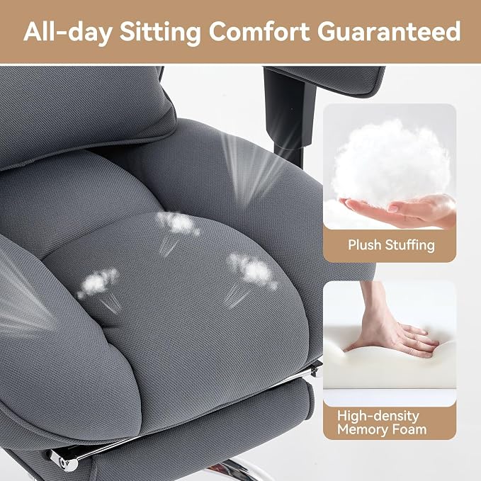 Efomao Executive Office Chair, Bluegrey Fabric Big and Tall Desk Chair | Breathable fabric, pocket spring & foam seat, retractable footrest, 135° recline for computer gaming setup