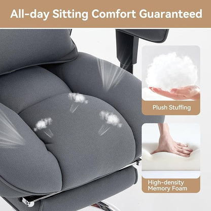 Efomao Executive Office Chair, Bluegrey Fabric Big and Tall Desk Chair | Breathable fabric, pocket spring & foam seat, retractable footrest, 135° recline for computer gaming setup