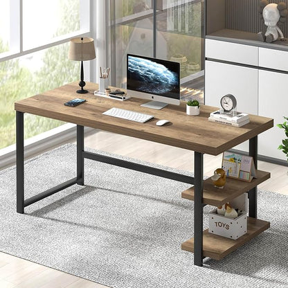 FOLUBAN 60 Inch Home Office Desk, Large Computer Desk with Storage Shelves, Modern Wood and Metal Writing Study Gaming Table Workstation for Living Room, Rustic Oak