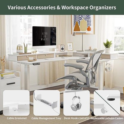 FEZIBO Triple Motor 63" L Shaped Standing Desk with 3 Drawers, Electric Standing Gaming Desk Adjustable Height, Corner Stand up Desk with Splice Board, White Frame/White Top