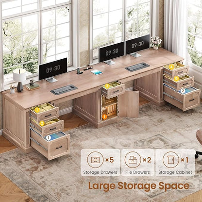 SEDETA Farmhouse 110.3" Two Person Desk with 7 Drawers, Long Computer Desk with Storage Cabinet, 2 Person Desk with Power Outlets for Home Office, Oak