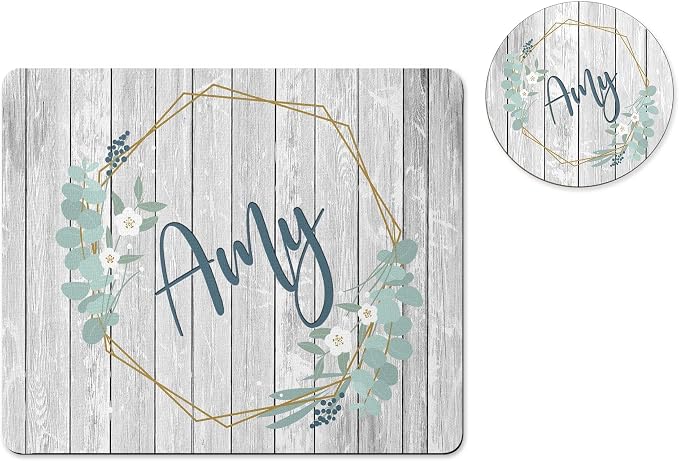 Personalized Mouse Pad and Coaster Custom Desk Set Teacher Appreciation Coworker Gifts Office Decor Cute AccessoriesHandmade (Teal Wreath Barnwood)