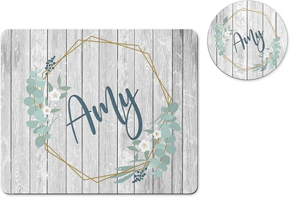 Personalized Mouse Pad and Coaster Custom Desk Set Teacher Appreciation Coworker Gifts Office Decor Cute AccessoriesHandmade (Teal Wreath Barnwood)