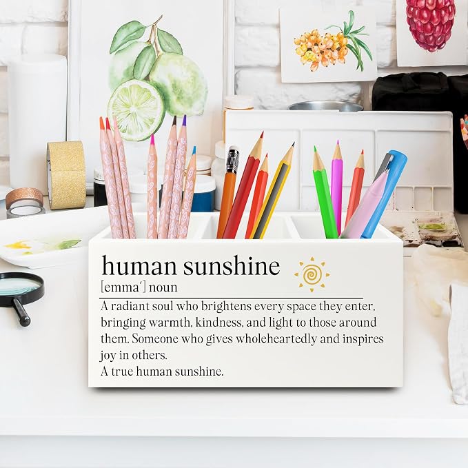 Human Sunshine Gifts Pen Pencil Holder Organizer for Desk, Thank You Appreciation Gifts for Teacher Coworker Women Men, Inspirational Wooden Box Sign for Home Office Desk Tabletop Decorations