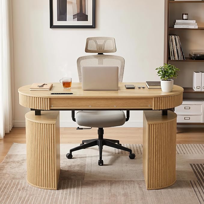 ORRD Electric Standing Desk with Storage and USB & Type-C Charging Ports, Adjustable Height Stand Up Desk, Mid Century Modern Fluted Workstation Desk for Home Office (Natural)