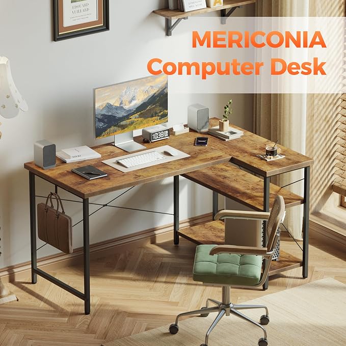 Mericonia Small L Shaped Computer Desk, Reversible Gaming Desk with Storage Shelves, Corner Gamer Desk Table, Study Writing Table