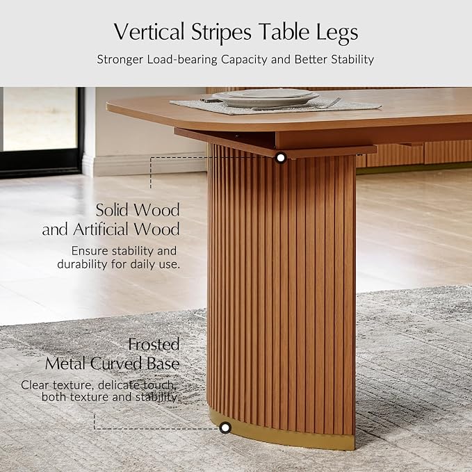 HULALA HOME 60"-80.75" Extendable Dining Table, Solid Wood Kitchen Table with Removable Leaves, Fluted Base, Mid-Century Modern Home Office Desk for Dining Living Study Room-Teak