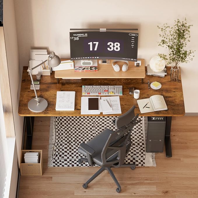 YESHOMY Height Adjustable Electric Standing Desk 63 inch Computer Table, Home Office Workstation, 63in, Black Leg/Rustic Brown Top