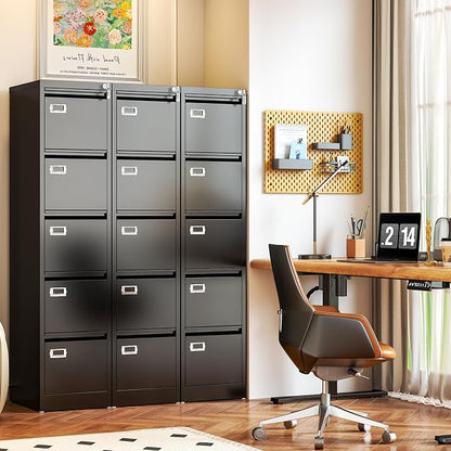 5 Drawer File Cabinet, Black Metal Filing Cabinets with Lock Name Card Holder, Metal Vertical Filing Cabinets for Home Office, Steel Storage Cabinet fits Letter/Legal/A4 Size(Assembly Required)