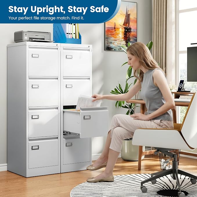 PEUKC 4-Drawer File Cabinet, 16.3" Deep Vertical Filing Cabinet with Lock, Metal File Cabinet for Home Office, Anti-Tip 4 Storage Drawers for Letter/Legal/A4/F4 Size (Assemble Required, White)