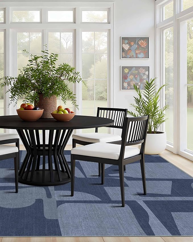 Latte&Fog 8x10 Area Rugs for Living Room, Large Modern Abstract Washable Rug, Boho Non Slip Low Pile Carpet for Indoor Bedroom Dining Room, Office, Dorm, Classroom, Farmhouse and Kids Room - Navy Blue