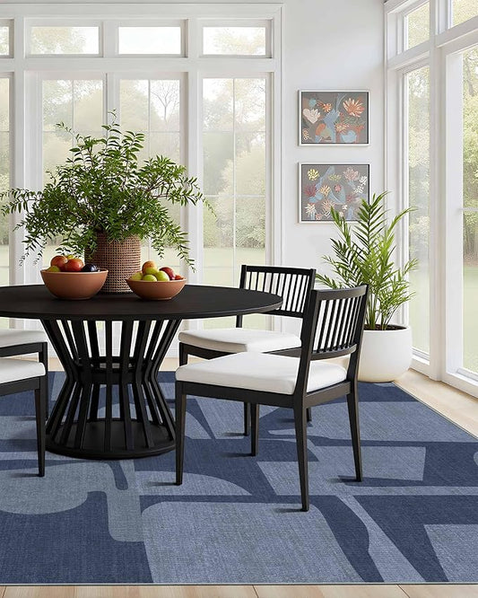 Latte&Fog 8x10 Area Rugs for Living Room, Large Modern Abstract Washable Rug, Boho Non Slip Low Pile Carpet for Indoor Bedroom Dining Room, Office, Dorm, Classroom, Farmhouse and Kids Room - Navy Blue