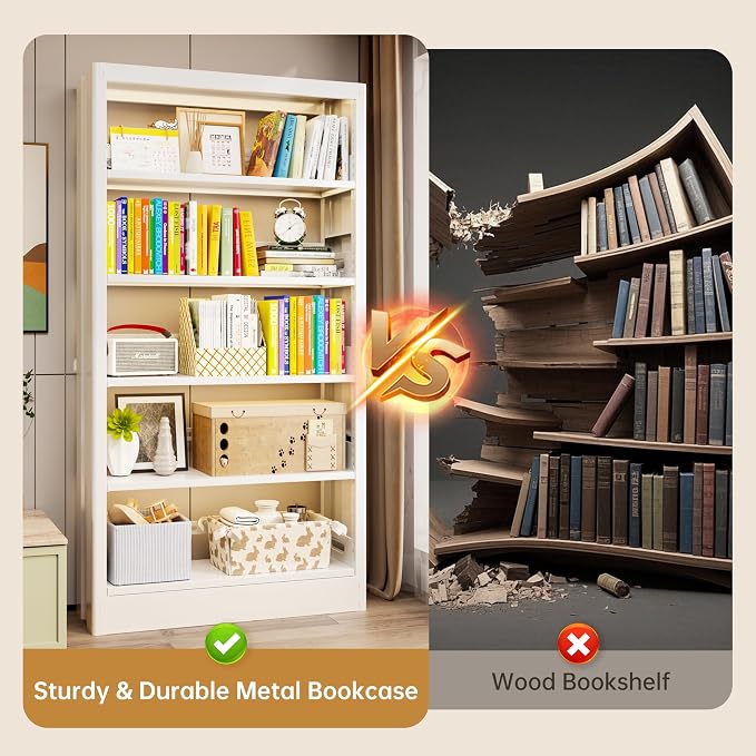 5-Tier Bookcase with Adjustable Storage Shelves, Metal Bookshelf with Book Stopper, Bookcase Shelf for Library, Office, Living Room (White-2)