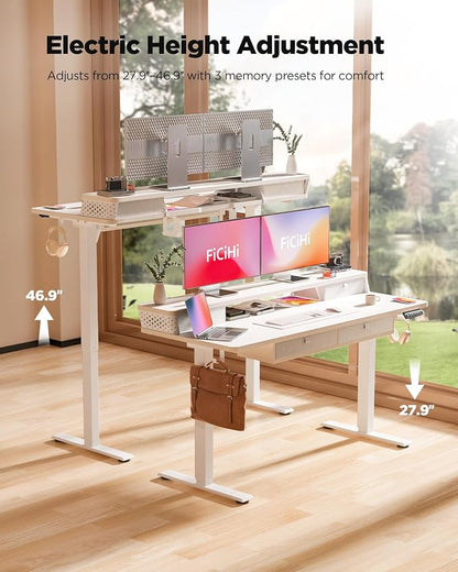 FiCiHi Electric Standing Desk with Four Drawers, 55 x 24 Inch Adjustable Height Sit Stand Desk, C-Clamp Compatible Home Office Desk with Storage Shelf & Monitor Stand Riser, White