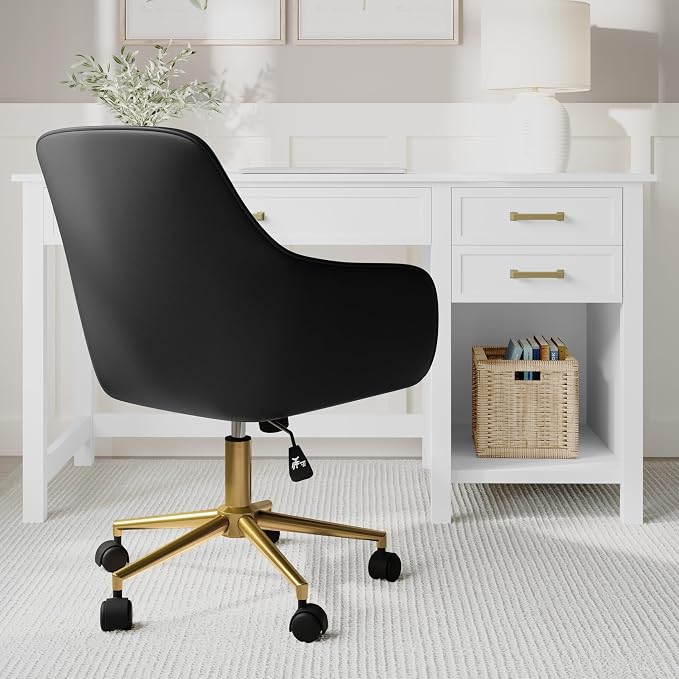 Martha Stewart Rayna Swivel Task Chair with Flared Arms for Home Office in Black Faux Leather with Polished Brass Frame