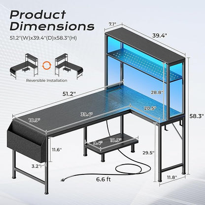 PRAISUN L Shaped Gaming Desk with LED Lights & Power Outlets, Reversible Computer Desk with Storage Shelves & Bag, Large Corner Home Office Desk with Pegboard for Work from Home, Black