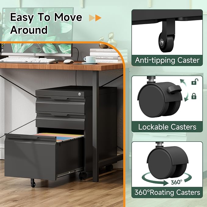Mobile File Cabinet with Lock,3 Drawer Under Desk Metal Rolling Filing Cabinets for Home Office Organizer A4/Letter/Legal,Easy Assembly,Black